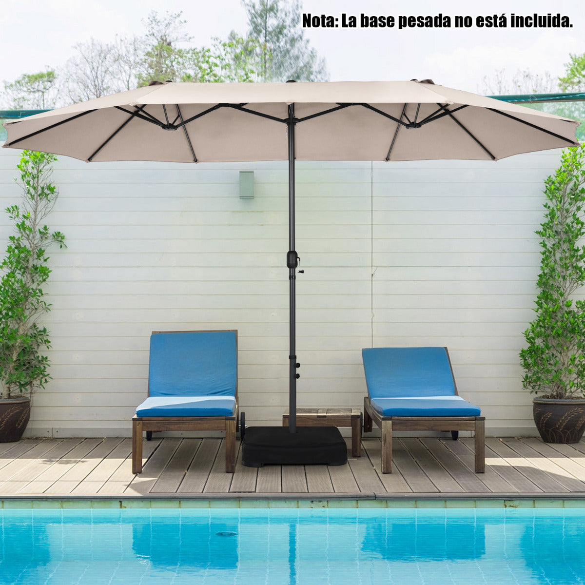 Sombrilla de Playa Doble Cara 4,7 x 2,8 m Gran Parasol con Manivela sin Base Estructura de 12 Costillas para Jardín Piscina Patio Beige