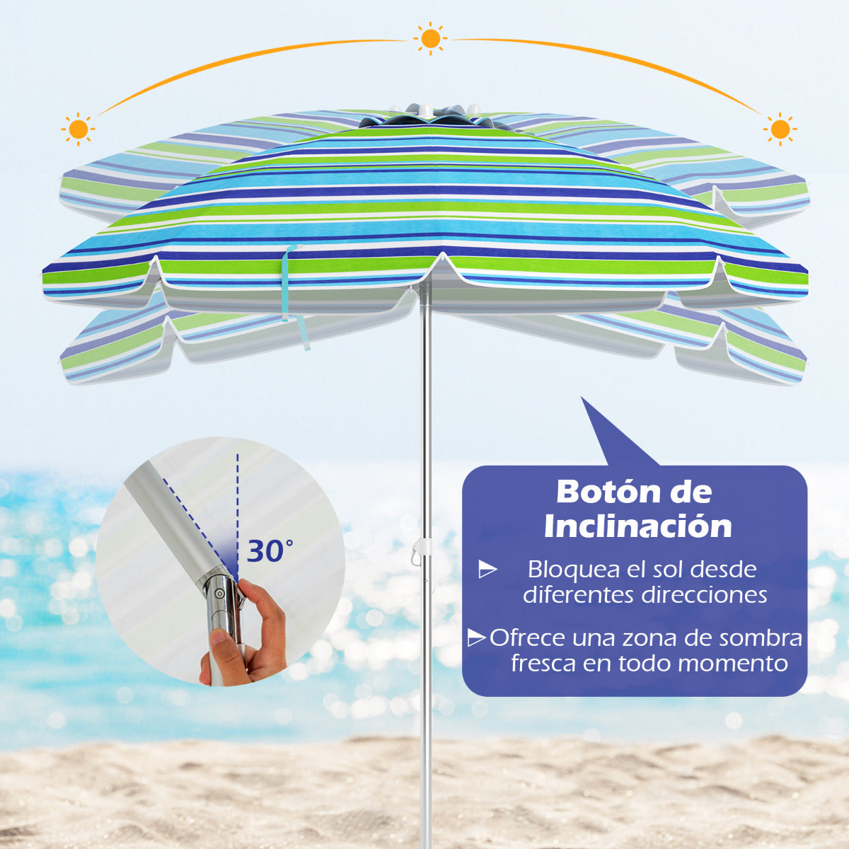 Sombrilla de Playa Portátil Inclinación Regulable con Bolsa de Transporte para Jardín Patio Exterior Azul y Verde 198 x 213 cm