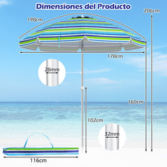 Sombrilla de Playa Portátil Inclinación Regulable con Bolsa de Transporte para Jardín Patio Exterior Azul y Verde 198 x 213 cm