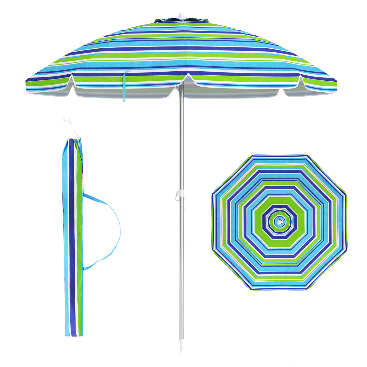 Sombrilla de Playa Portátil Inclinación Regulable con Bolsa de Transporte para Jardín Patio Exterior Azul y Verde 198 x 213 cm