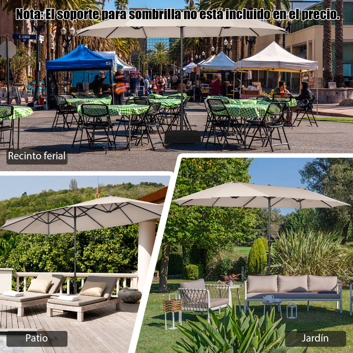 Sombrilla de Playa Doble Cara 4,7 x 2,8 m Gran Parasol con Manivela sin Base Estructura de 12 Costillas para Jardín Piscina Patio Beige