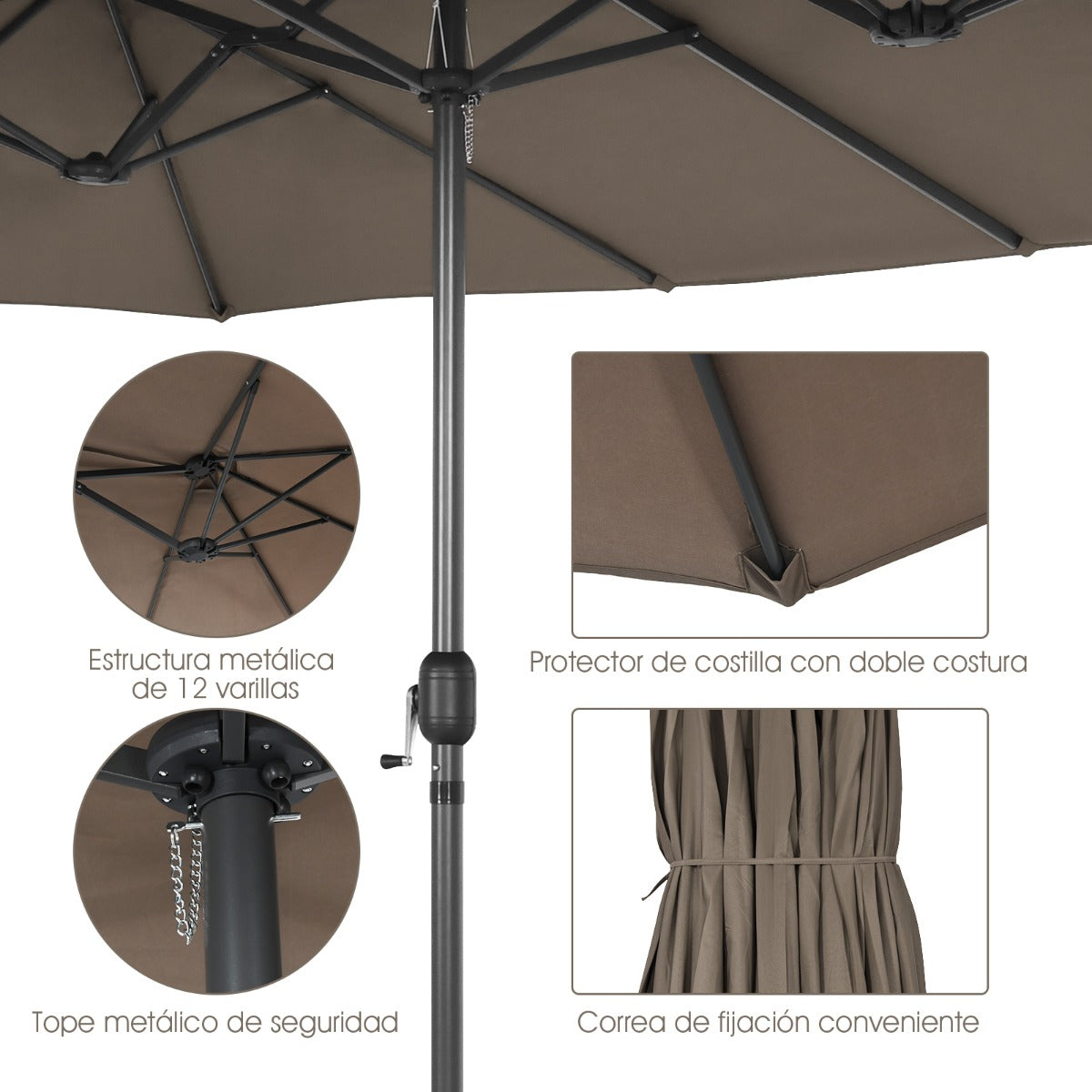 Sombrilla de Playa Doble Cara 4,7 x 2,8 m Gran Parasol con Manivela sin Base Estructura de 12 Costillas para Jardín Piscina Patio Marrón