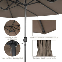 Sombrilla de Playa Doble Cara 4,7 x 2,8 m Gran Parasol con Manivela sin Base Estructura de 12 Costillas para Jardín Piscina Patio Marrón