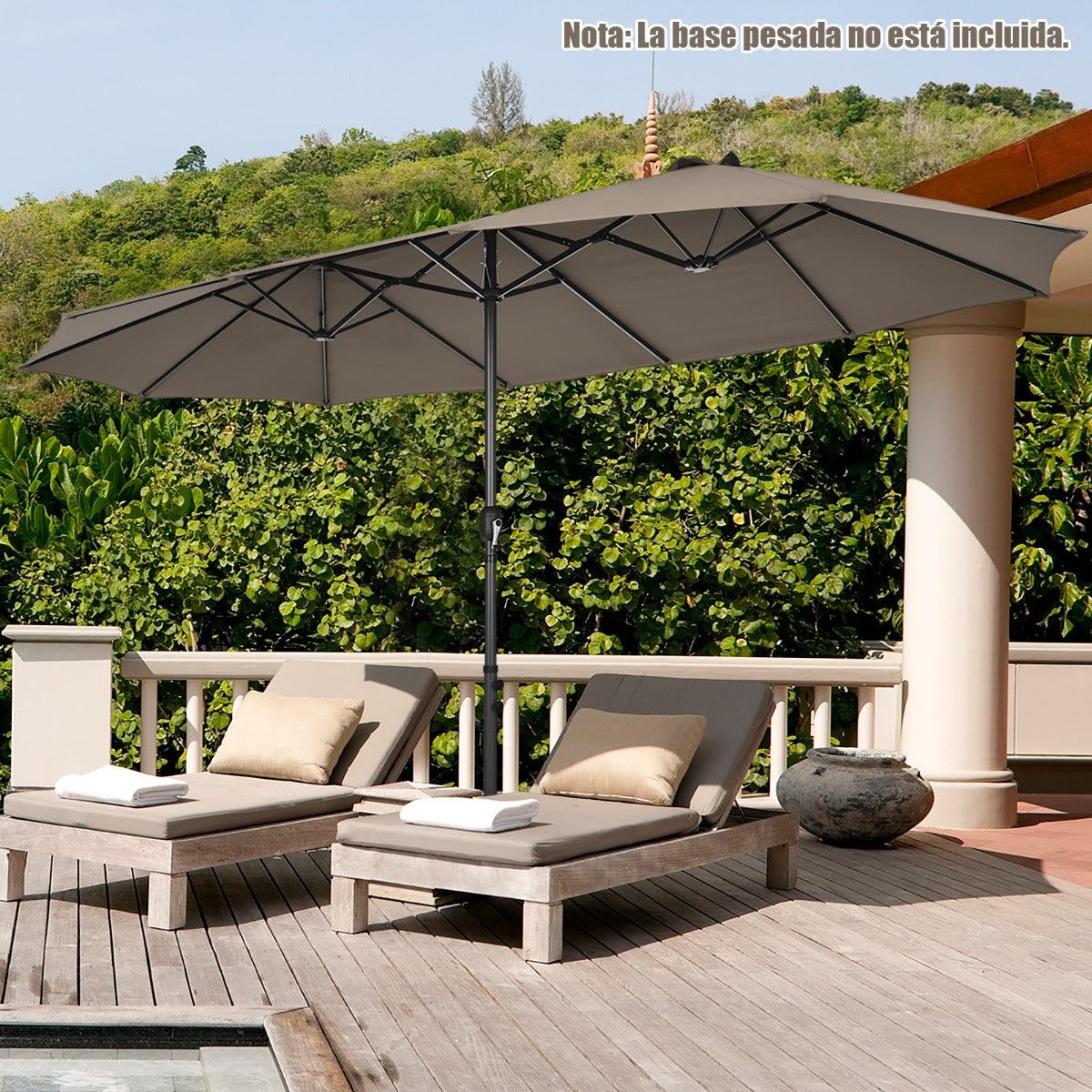 Sombrilla de Playa Doble Cara 4,7 x 2,8 m Gran Parasol con Manivela sin Base Estructura de 12 Costillas para Jardín Piscina Patio Marrón