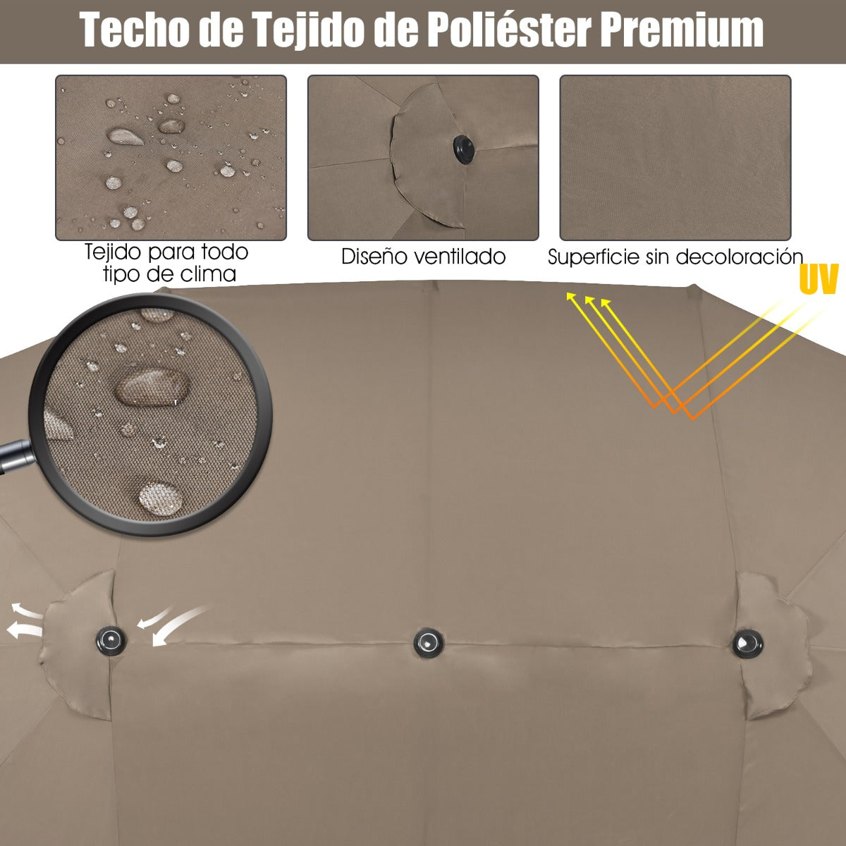 Sombrilla de Playa Doble Cara 4,7 x 2,8 m Gran Parasol con Manivela sin Base Estructura de 12 Costillas para Jardín Piscina Patio Marrón