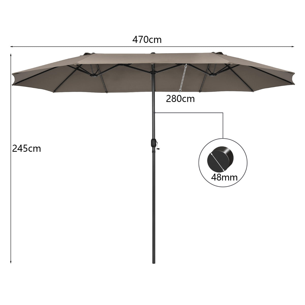 Sombrilla de Playa Doble Cara 4,7 x 2,8 m Gran Parasol con Manivela sin Base Estructura de 12 Costillas para Jardín Piscina Patio Marrón