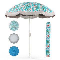 Sombrilla de Playa con Flecos 2 m para Exterior con Botón de Inclinación Ancla de Arena 8 Varillas para Jardín Piscina Terraza Patio Verde