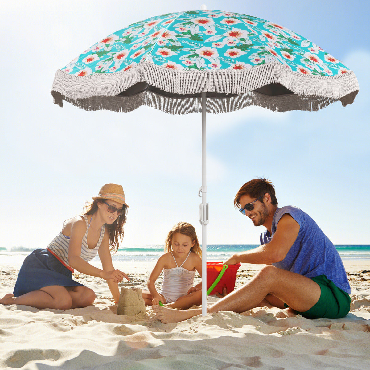 Sombrilla de Playa con Flecos 2 m para Exterior con Botón de Inclinación Ancla de Arena 8 Varillas para Jardín Piscina Terraza Patio Verde