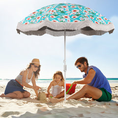 Sombrilla de Playa con Flecos 2 m para Exterior con Botón de Inclinación Ancla de Arena 8 Varillas para Jardín Piscina Terraza Patio Verde