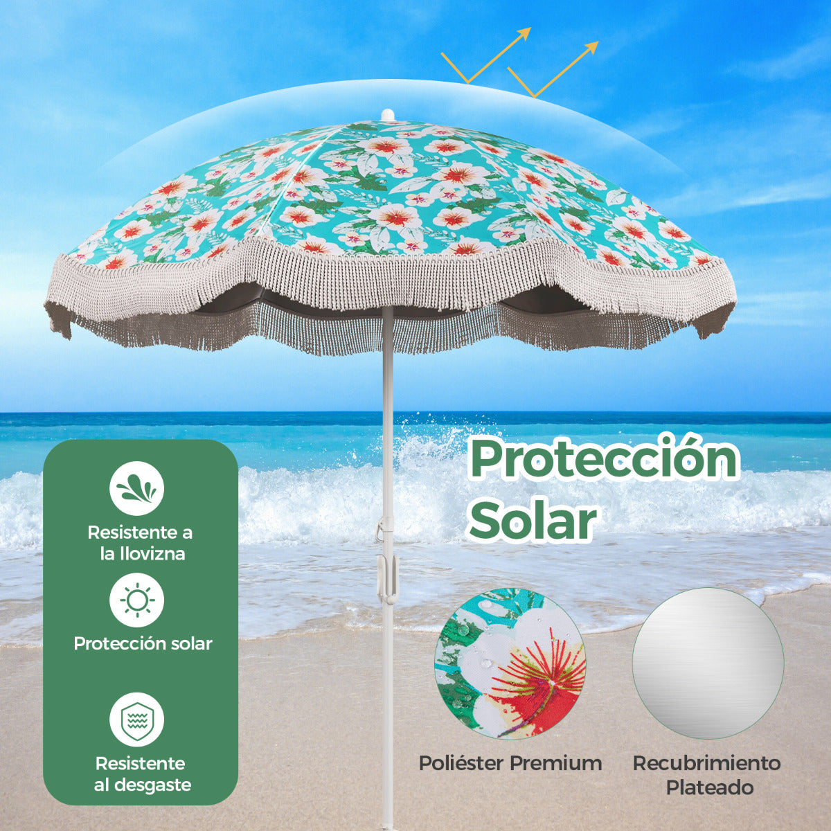 Sombrilla de Playa con Flecos 2 m para Exterior con Botón de Inclinación Ancla de Arena 8 Varillas para Jardín Piscina Terraza Patio Verde