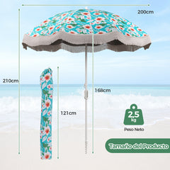 Sombrilla de Playa con Flecos 2 m para Exterior con Botón de Inclinación Ancla de Arena 8 Varillas para Jardín Piscina Terraza Patio Verde
