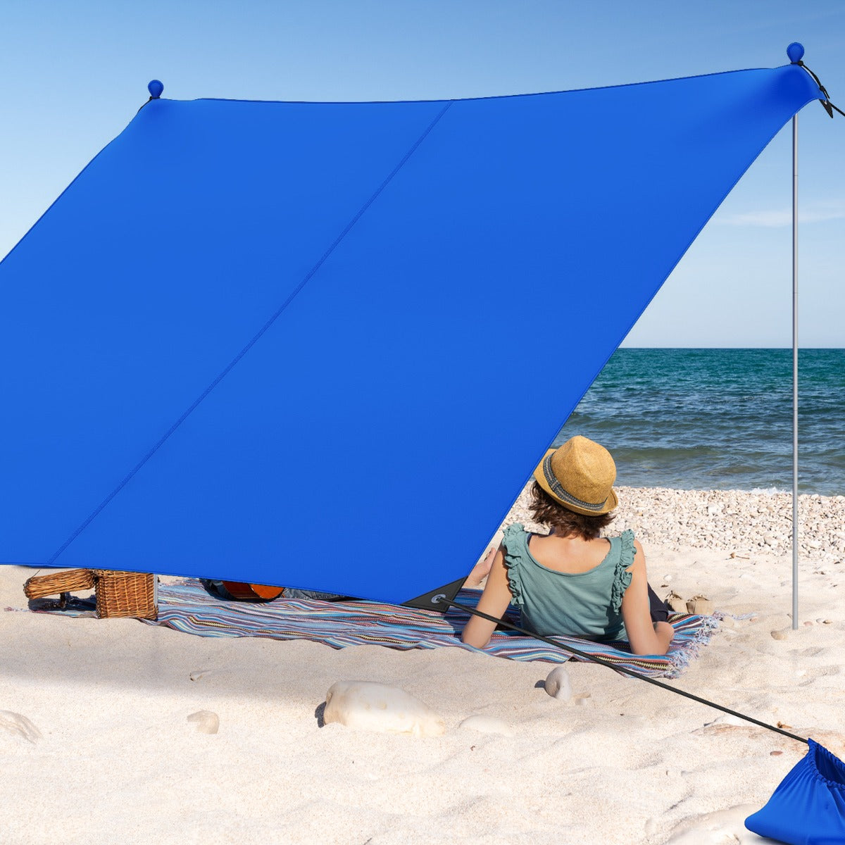 Toldo de 2 m para 4-6 Personas Sombrilla de Playa Portátil con 2 Postes 4 Bolsas de Arena Protección UPF y Bolsa de Transporte Azul