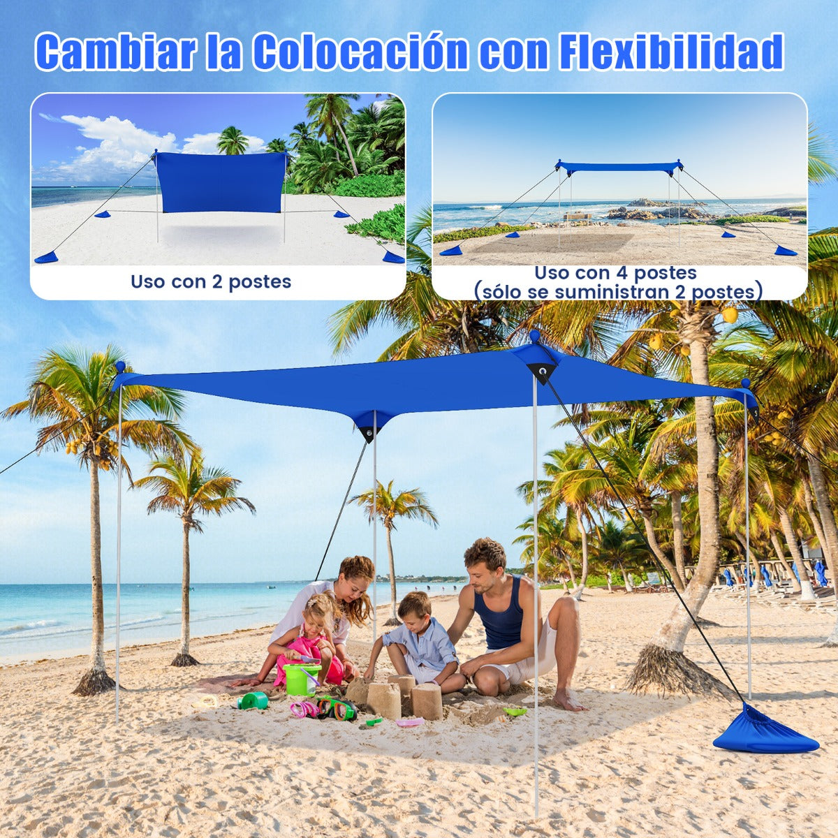 Toldo de 2 m para 4-6 Personas Sombrilla de Playa Portátil con 2 Postes 4 Bolsas de Arena Protección UPF y Bolsa de Transporte Azul