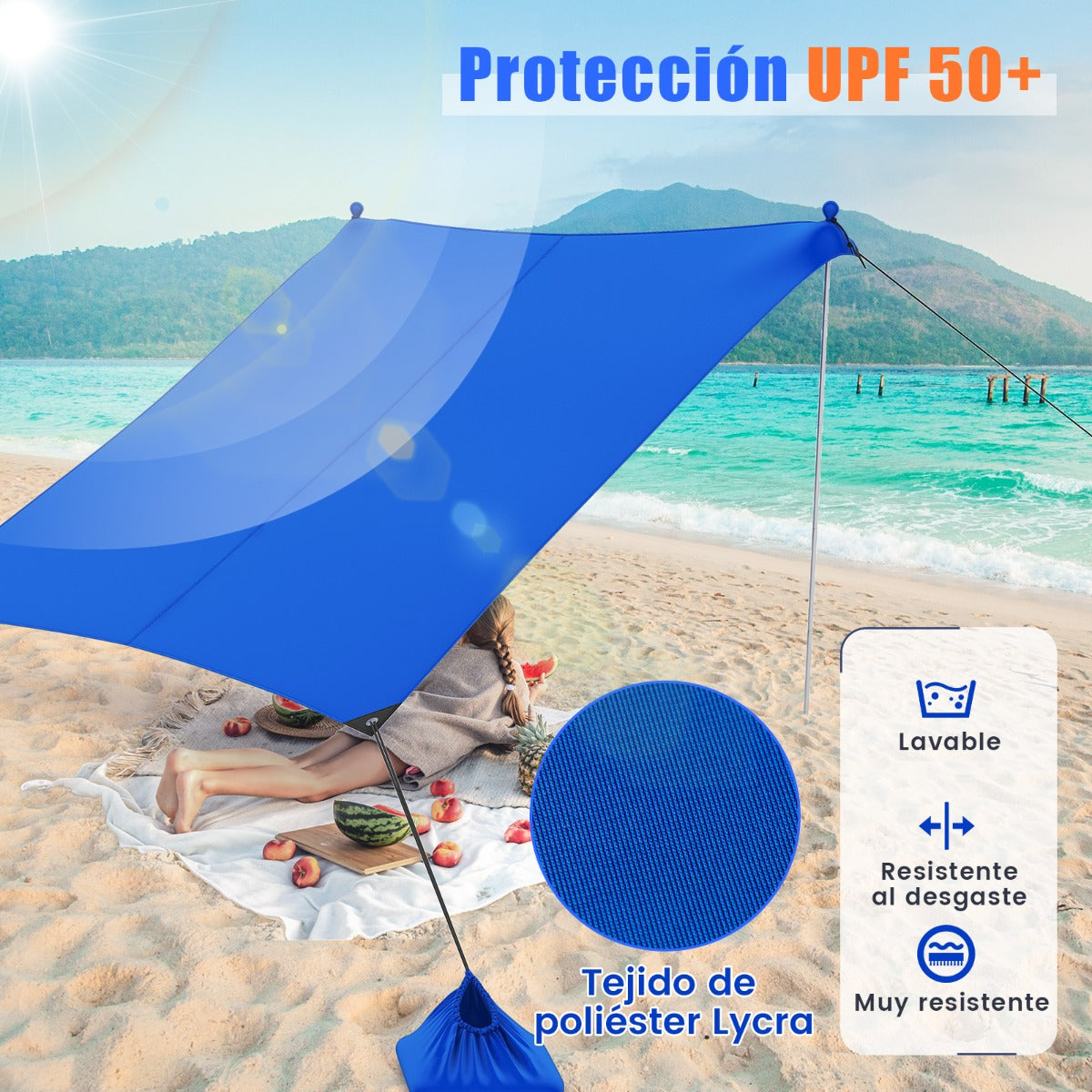 Toldo de 3 m para 4-8 Personas Sombrilla de Playa Portátil con 2 Postes 4 Bolsas de Arena Protección UPF y Bolsa de Transporte Azul