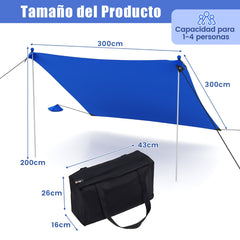 Toldo de 3 m para 4-8 Personas Sombrilla de Playa Portátil con 2 Postes 4 Bolsas de Arena Protección UPF y Bolsa de Transporte Azul