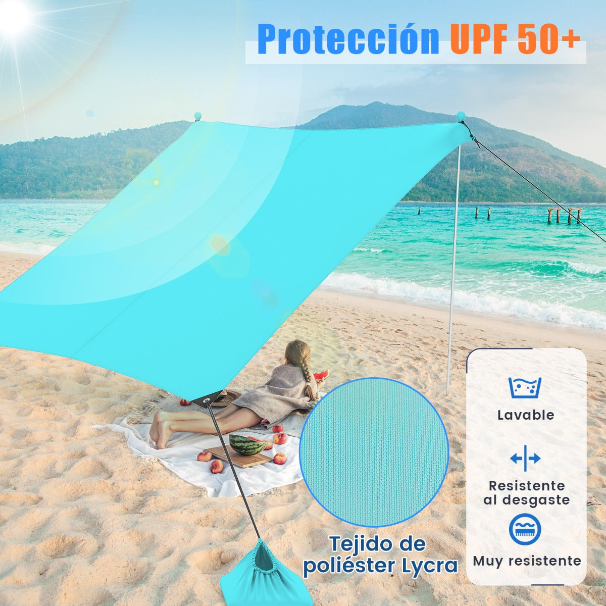Toldo de 3 m para 4-8 Personas Sombrilla de Playa Portátil con 2 Postes 4 Bolsas de Arena Protección UPF y Bolsa de Transporte Verde