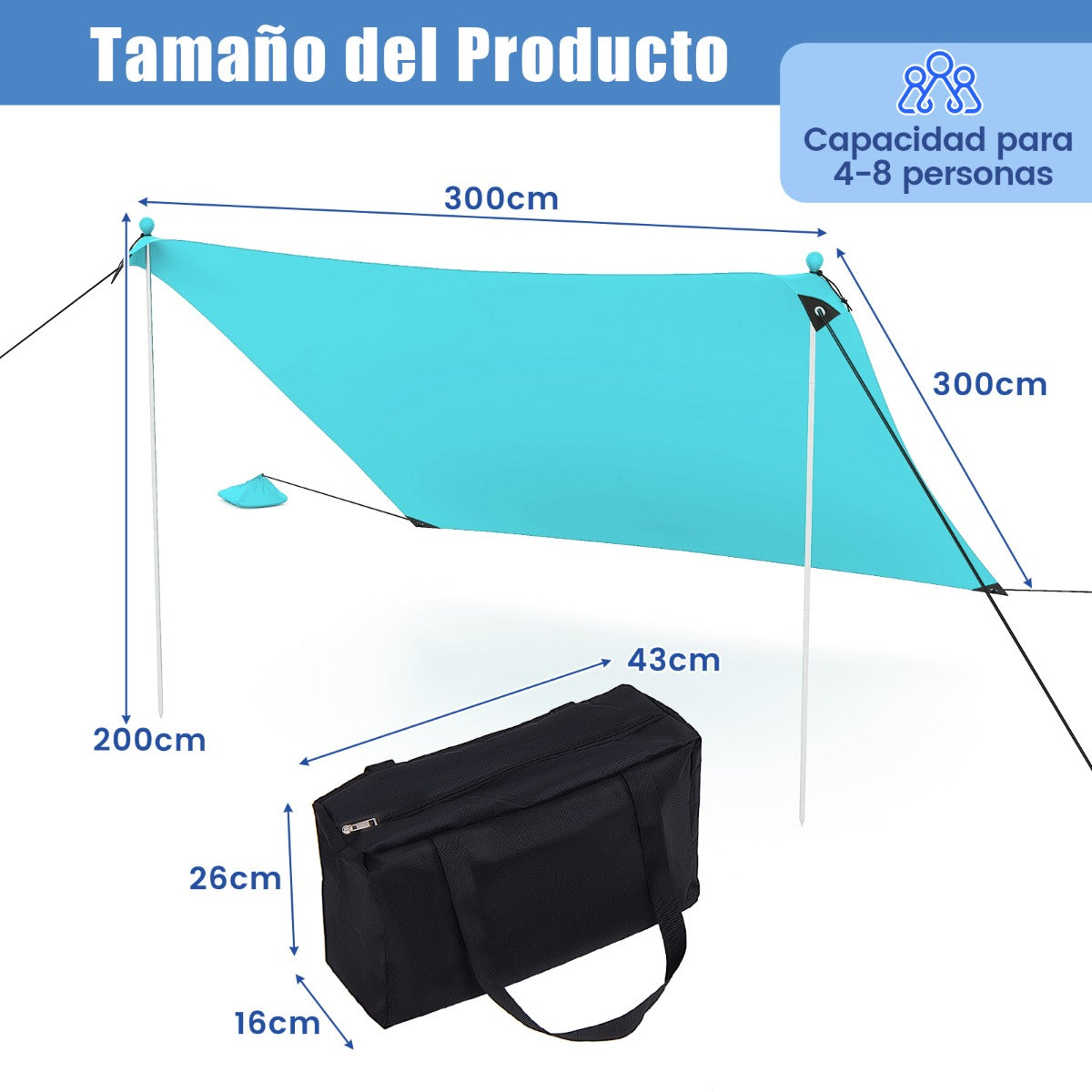 Toldo de 3 m para 4-8 Personas Sombrilla de Playa Portátil con 2 Postes 4 Bolsas de Arena Protección UPF y Bolsa de Transporte Verde