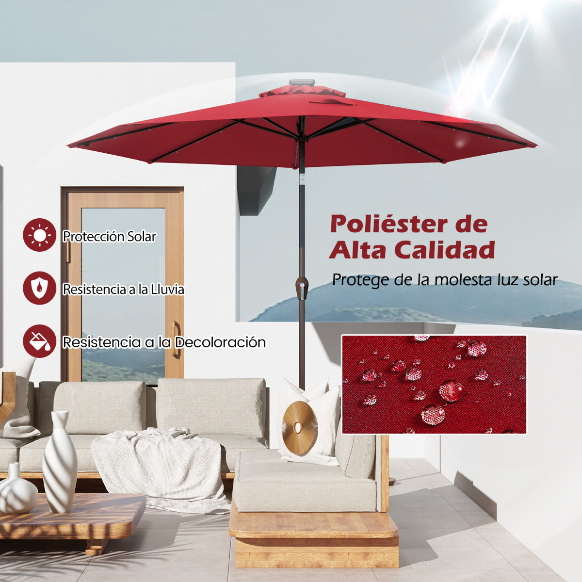 3M Solar LED Sombrilla de Playa Plegable Quitasol Parasol para Jardín Patio Balcón Rojo Vino