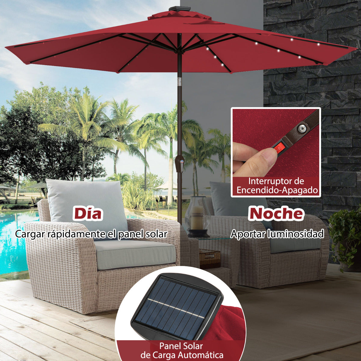 3M Solar LED Sombrilla de Playa Plegable Quitasol Parasol para Jardín Patio Balcón Rojo Vino