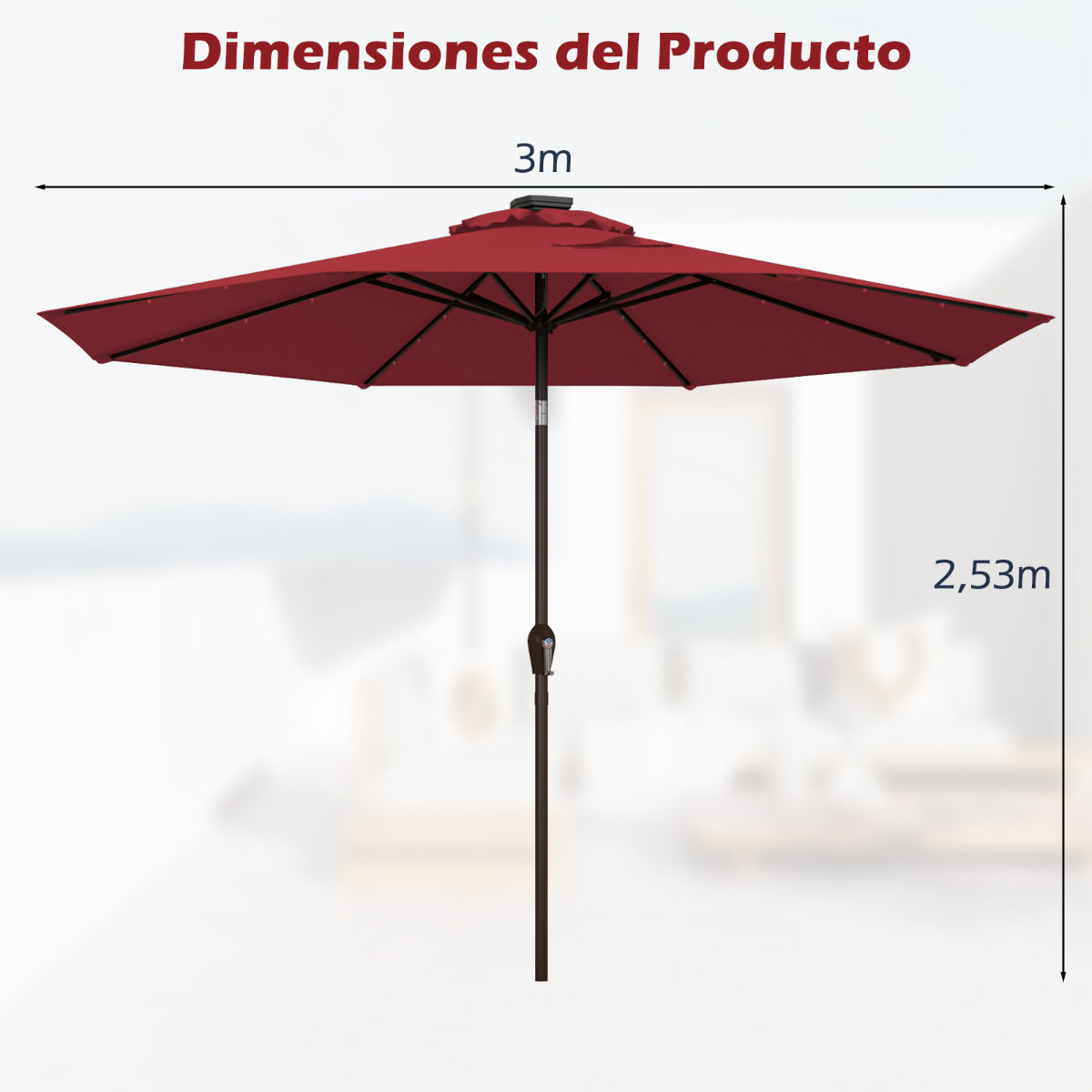 3M Solar LED Sombrilla de Playa Plegable Quitasol Parasol para Jardín Patio Balcón Rojo Vino