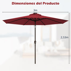 3M Solar LED Sombrilla de Playa Plegable Quitasol Parasol para Jardín Patio Balcón Rojo Vino