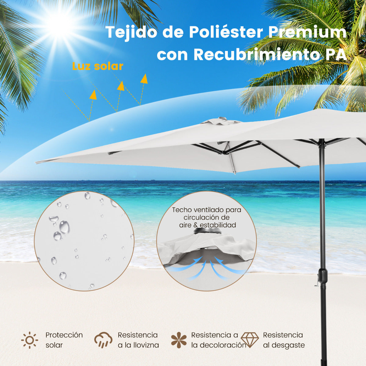 Sombrilla Doble de Patio 4,26 x 2,6 m con Manivela Parte Superior Ventilada Gran Parasol 10 Costillas para Piscina Terraza Jardín Beige