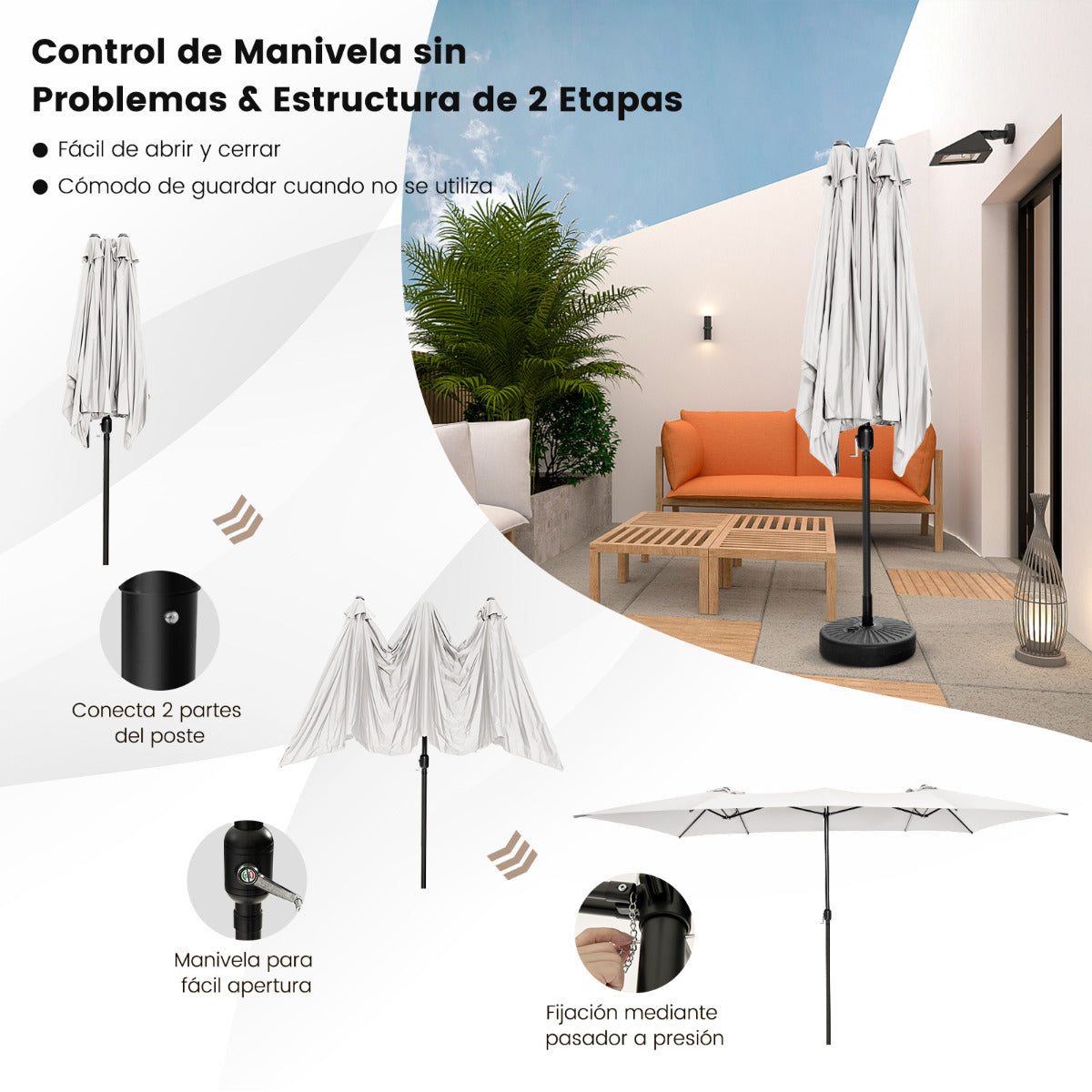 Sombrilla Doble de Patio 4,26 x 2,6 m con Manivela Parte Superior Ventilada Gran Parasol 10 Costillas para Piscina Terraza Jardín Beige