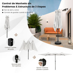 Sombrilla Doble de Patio 4,26 x 2,6 m con Manivela Parte Superior Ventilada Gran Parasol 10 Costillas para Piscina Terraza Jardín Beige