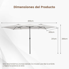 Sombrilla Doble de Patio 4,26 x 2,6 m con Manivela Parte Superior Ventilada Gran Parasol 10 Costillas para Piscina Terraza Jardín Beige
