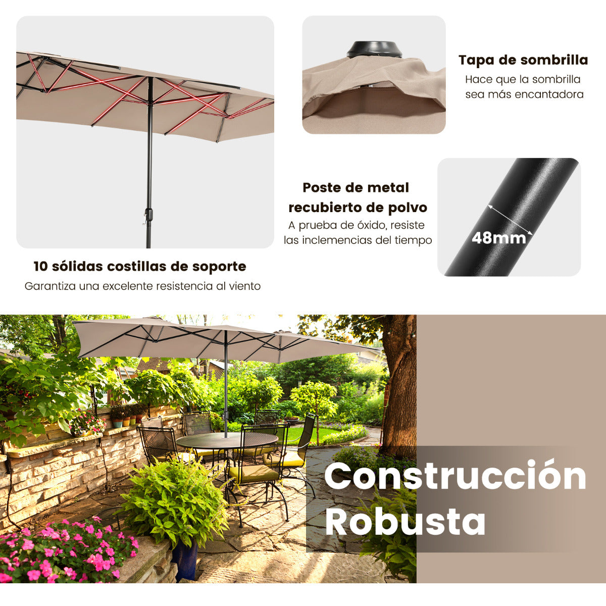 Sombrilla Doble de Patio 4,26 x 2,6 m con Manivela Parte Superior Ventilada Gran Parasol 10 Costillas para Piscina Terraza Jardín Café