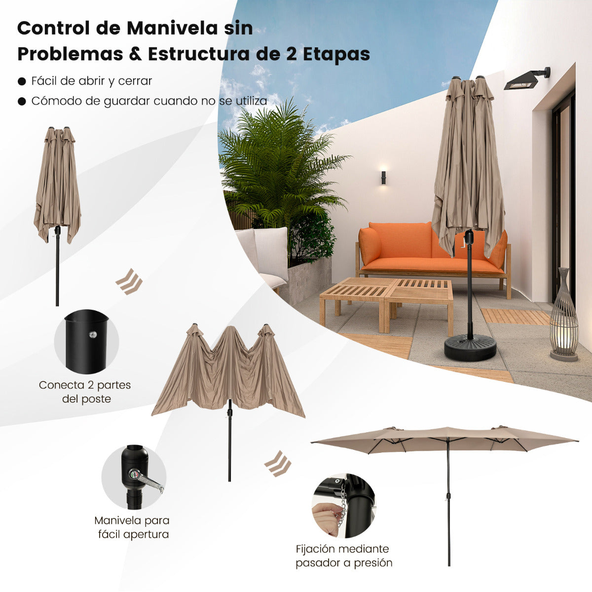 Sombrilla Doble de Patio 4,26 x 2,6 m con Manivela Parte Superior Ventilada Gran Parasol 10 Costillas para Piscina Terraza Jardín Café