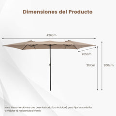 Sombrilla Doble de Patio 4,26 x 2,6 m con Manivela Parte Superior Ventilada Gran Parasol 10 Costillas para Piscina Terraza Jardín Café