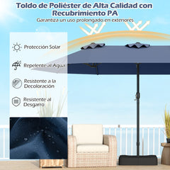 Sombrilla Grande Doble con Base Parasol Exterior Rectangular con Manivela 470 x 285 x 261 cm-Azul