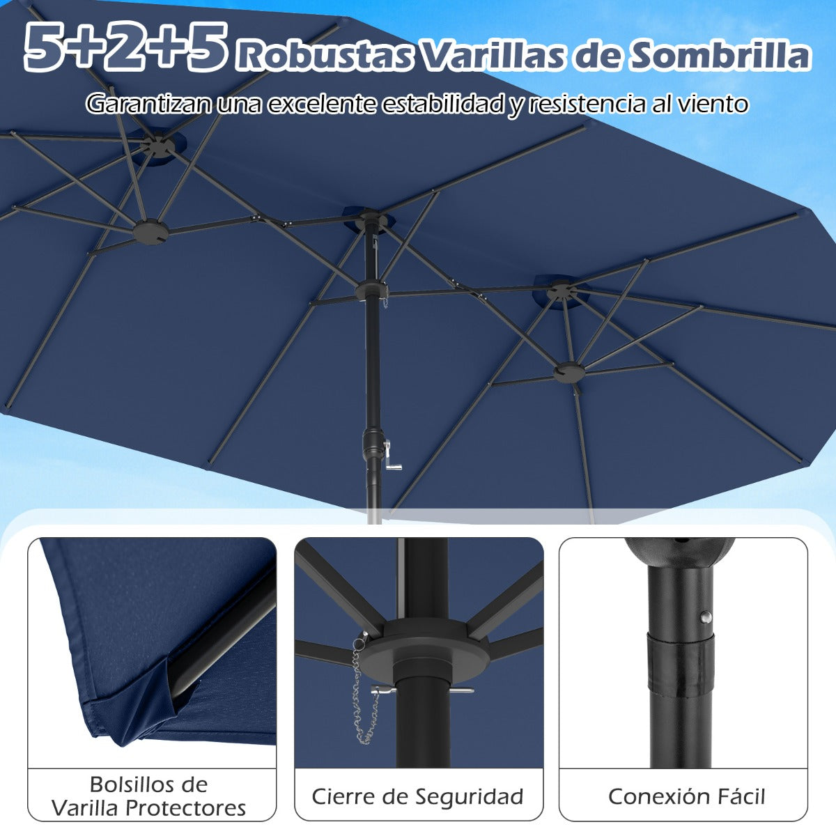 Sombrilla Grande Doble con Base Parasol Exterior Rectangular con Manivela 470 x 285 x 261 cm-Azul