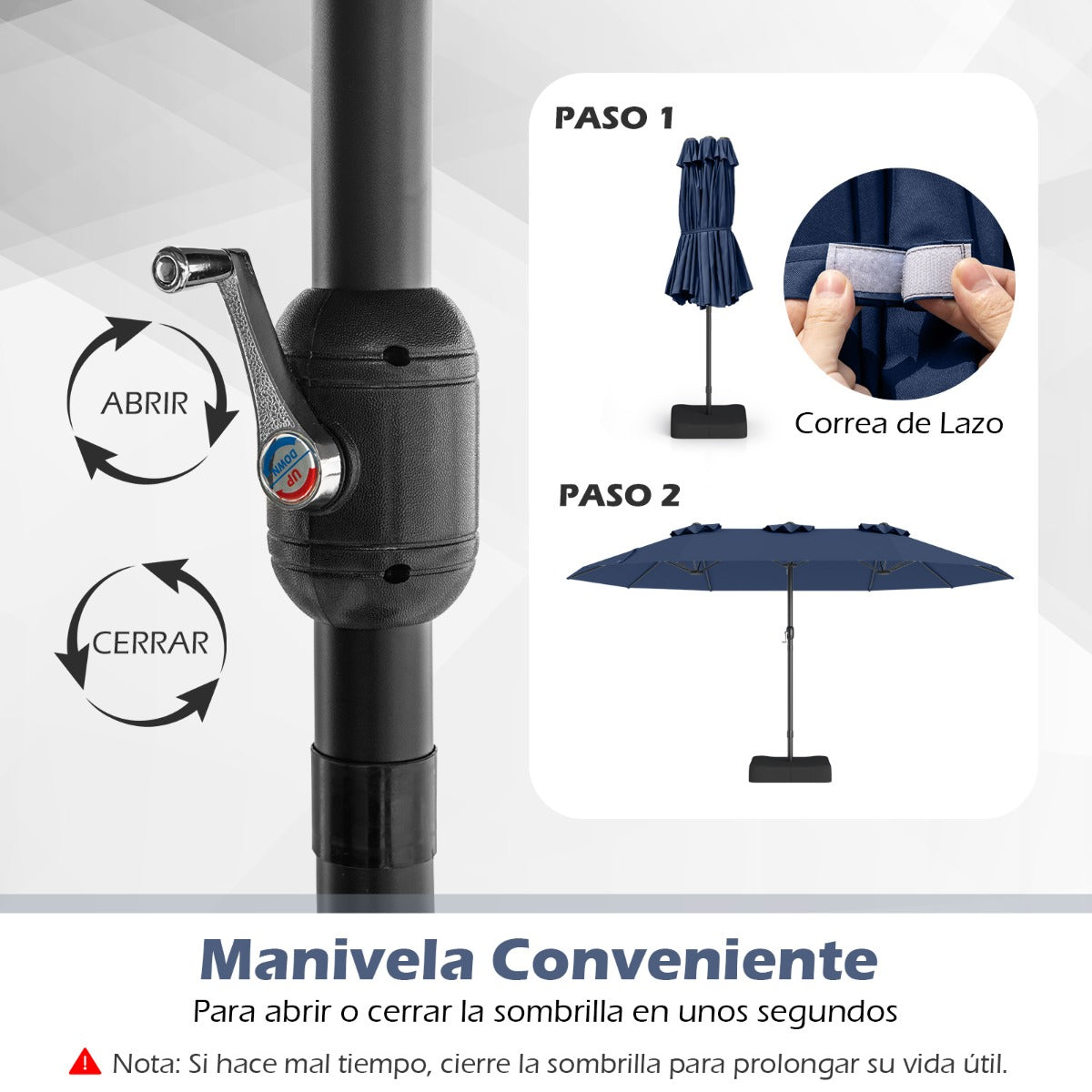 Sombrilla Grande Doble con Base Parasol Exterior Rectangular con Manivela 470 x 285 x 261 cm-Azul