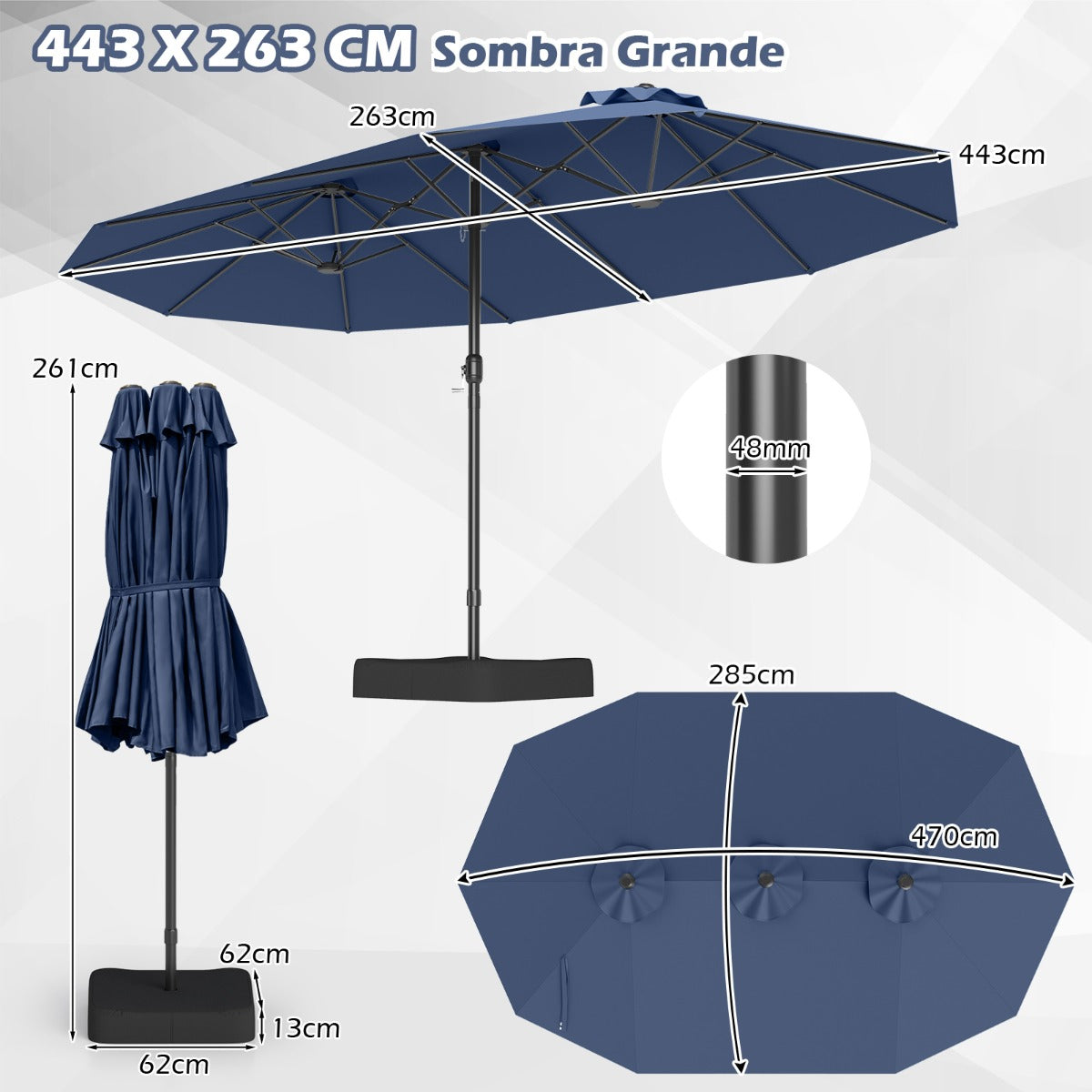 Sombrilla Grande Doble con Base Parasol Exterior Rectangular con Manivela 470 x 285 x 261 cm-Azul