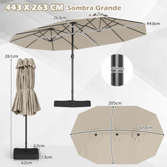 Sombrilla Grande Doble con Base Parasol Exterior Rectangular con Manivela 470 x 285 x 261 cm-Beige