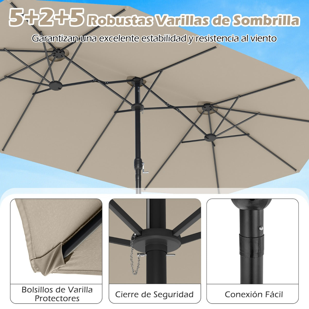 Sombrilla Grande Doble con Base Parasol Exterior Rectangular con Manivela 470 x 285 x 261 cm-Beige