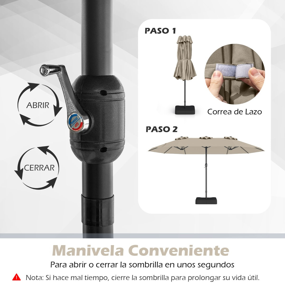 Sombrilla Grande Doble con Base Parasol Exterior Rectangular con Manivela 470 x 285 x 261 cm-Beige