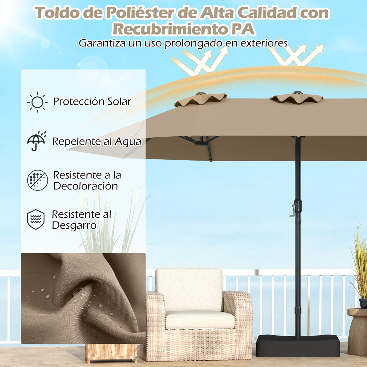 Sombrilla Grande Doble con Base Parasol Exterior Rectangular con Manivela 470 x 285 x 261 cm-Café