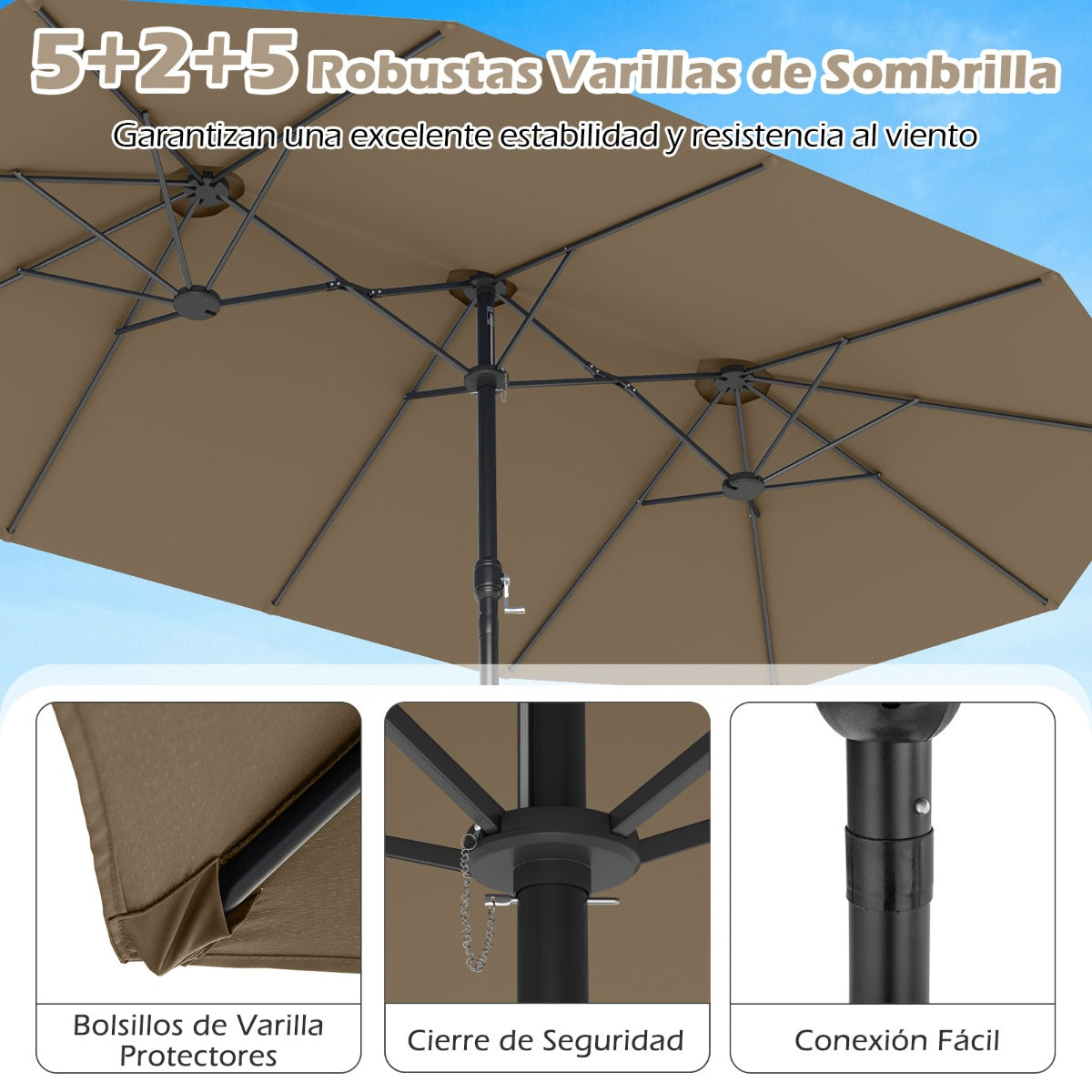 Sombrilla Grande Doble con Base Parasol Exterior Rectangular con Manivela 470 x 285 x 261 cm-Café