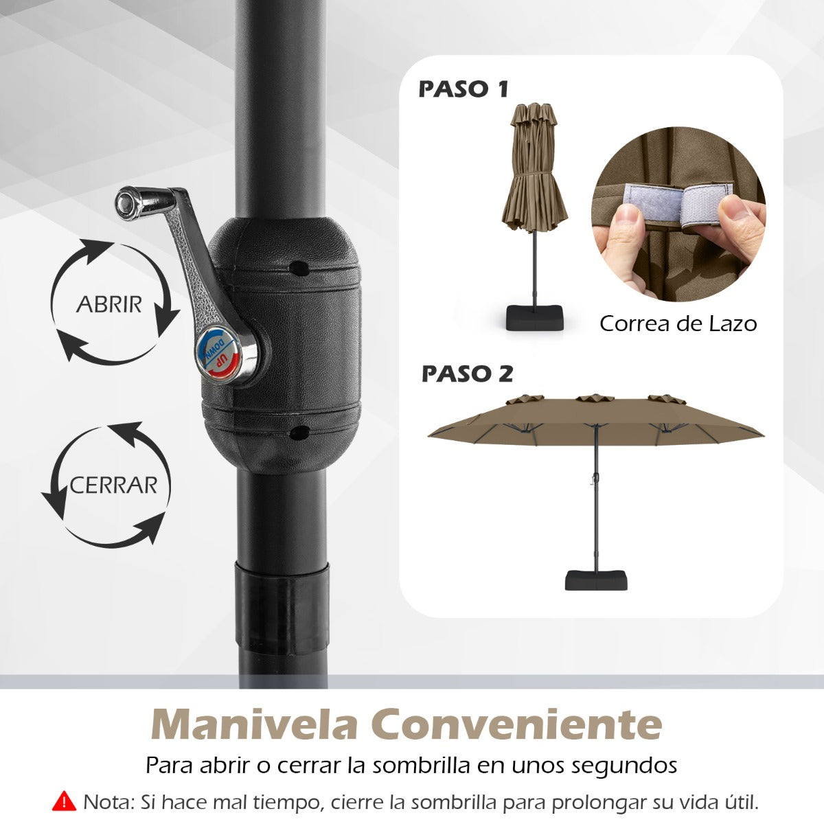 Sombrilla Grande Doble con Base Parasol Exterior Rectangular con Manivela 470 x 285 x 261 cm-Café