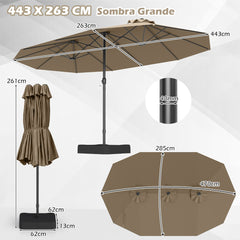 Sombrilla Grande Doble con Base Parasol Exterior Rectangular con Manivela 470 x 285 x 261 cm-Café