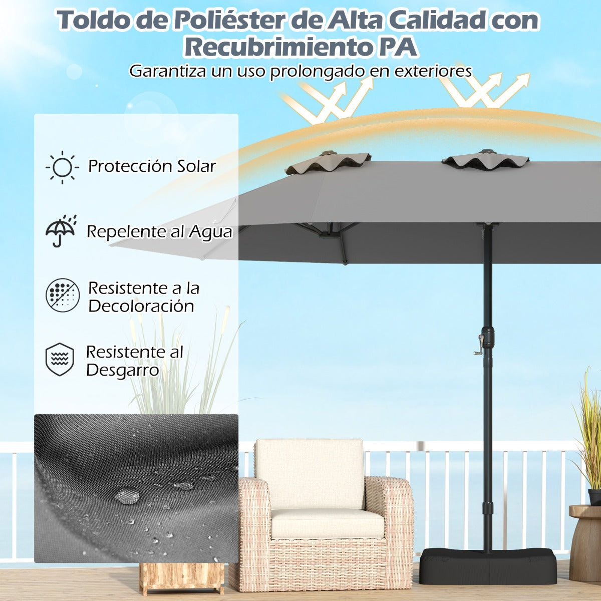 Sombrilla Grande Doble con Base Parasol Exterior Rectangular con Manivela 470 x 285 x 261 cm-Gris