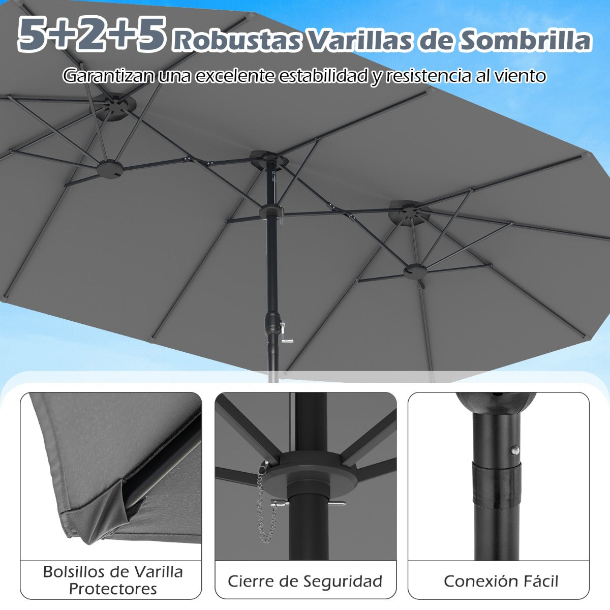 Sombrilla Grande Doble con Base Parasol Exterior Rectangular con Manivela 470 x 285 x 261 cm-Gris