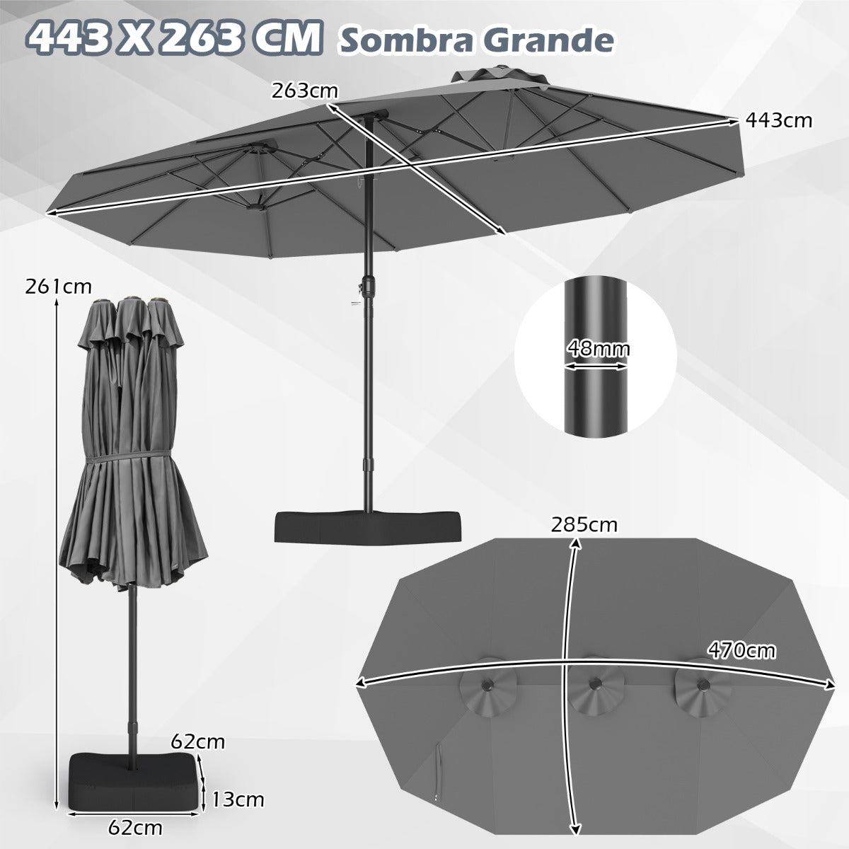 Sombrilla Grande Doble con Base Parasol Exterior Rectangular con Manivela 470 x 285 x 261 cm-Gris