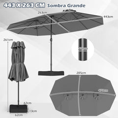 Sombrilla Grande Doble con Base Parasol Exterior Rectangular con Manivela 470 x 285 x 261 cm-Gris