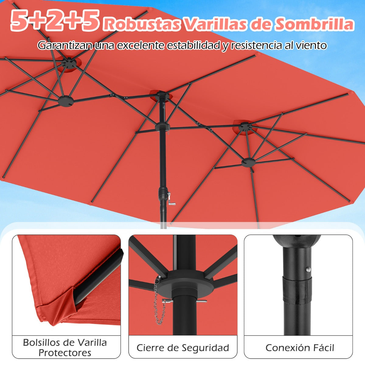 Sombrilla Grande Doble con Base Parasol Exterior Rectangular con Manivela 470 x 285 x 261 cm-Naranja