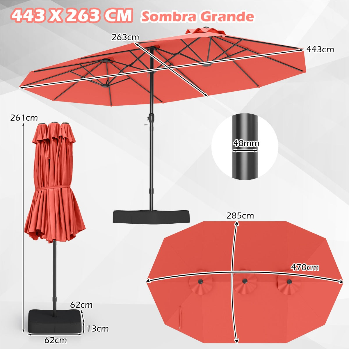 Sombrilla Grande Doble con Base Parasol Exterior Rectangular con Manivela 470 x 285 x 261 cm-Naranja