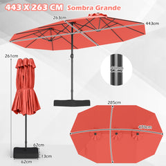 Sombrilla Grande Doble con Base Parasol Exterior Rectangular con Manivela 470 x 285 x 261 cm-Naranja